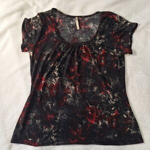 Grace Scoop Neck Sheer Lace Print Shirt Women’s Medium Black Red Casual & Dressy
